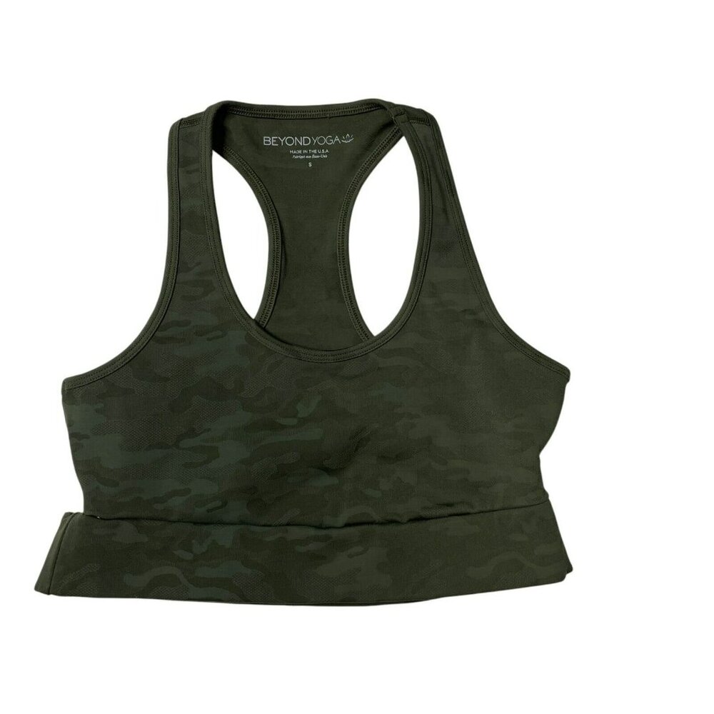 Beyond Yoga Green Camo Cut Out Racerback Sports Bra